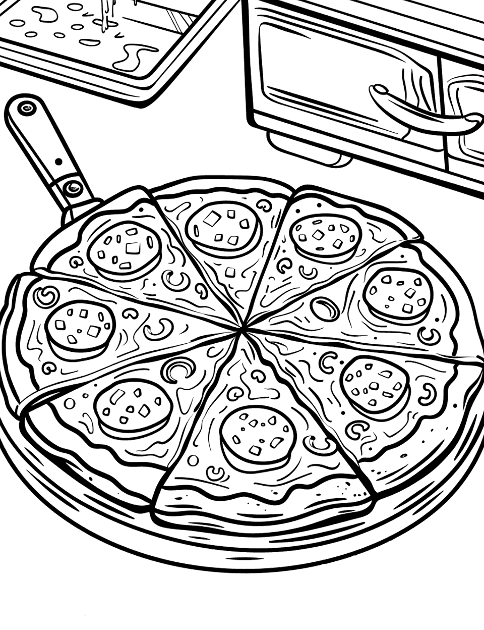 Pepperoni Pizza Coloring Page - A Pepperoni pizza on a kitchen table ready to be served.