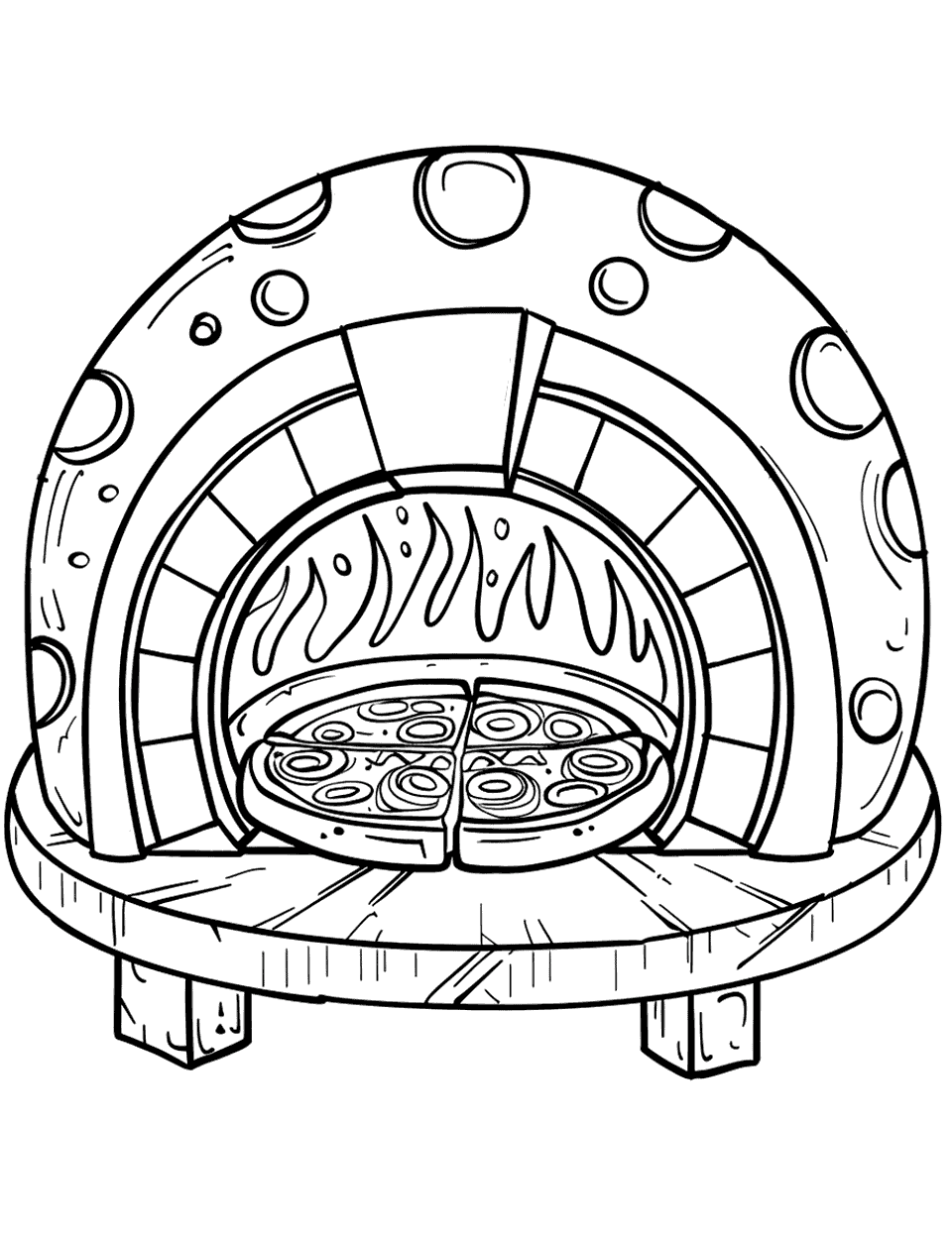 Pizza Oven Adventure Coloring Page - A traditional wood-fired pizza oven with a pizza inside, flames dancing at the back.