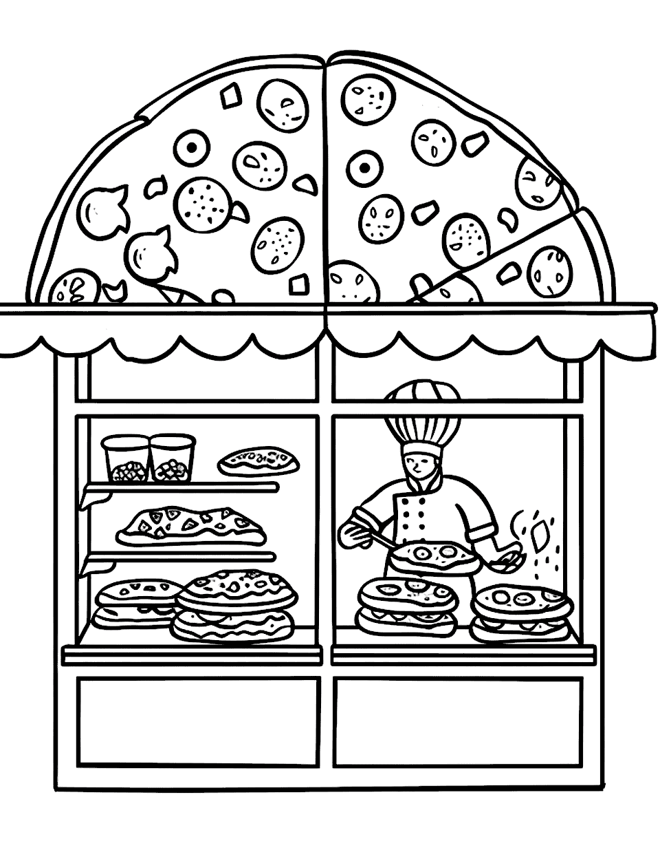 Pizza Shop Daydream Coloring Page - A small pizza shop front with a chef making pizza in the window.
