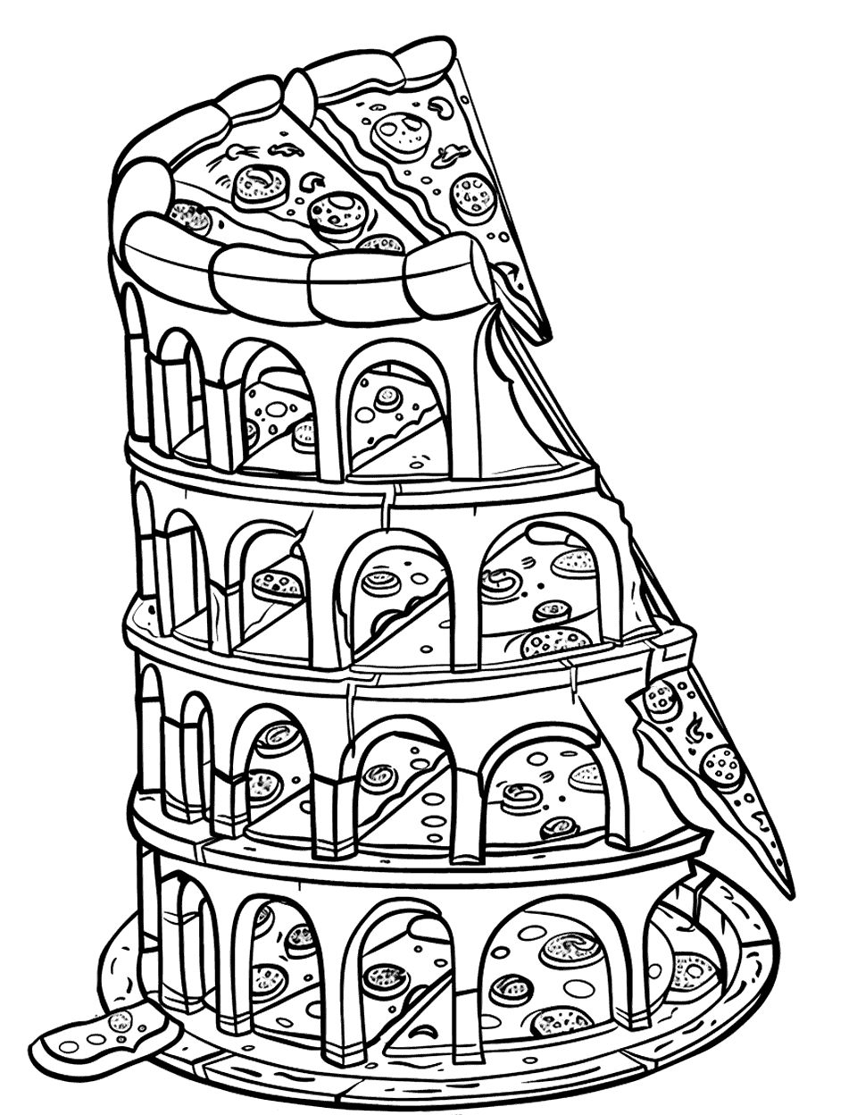 The Leaning Tower of Pizza Coloring Page - Stacks of pizzas form a structure that looks just like the famous Colosseum.