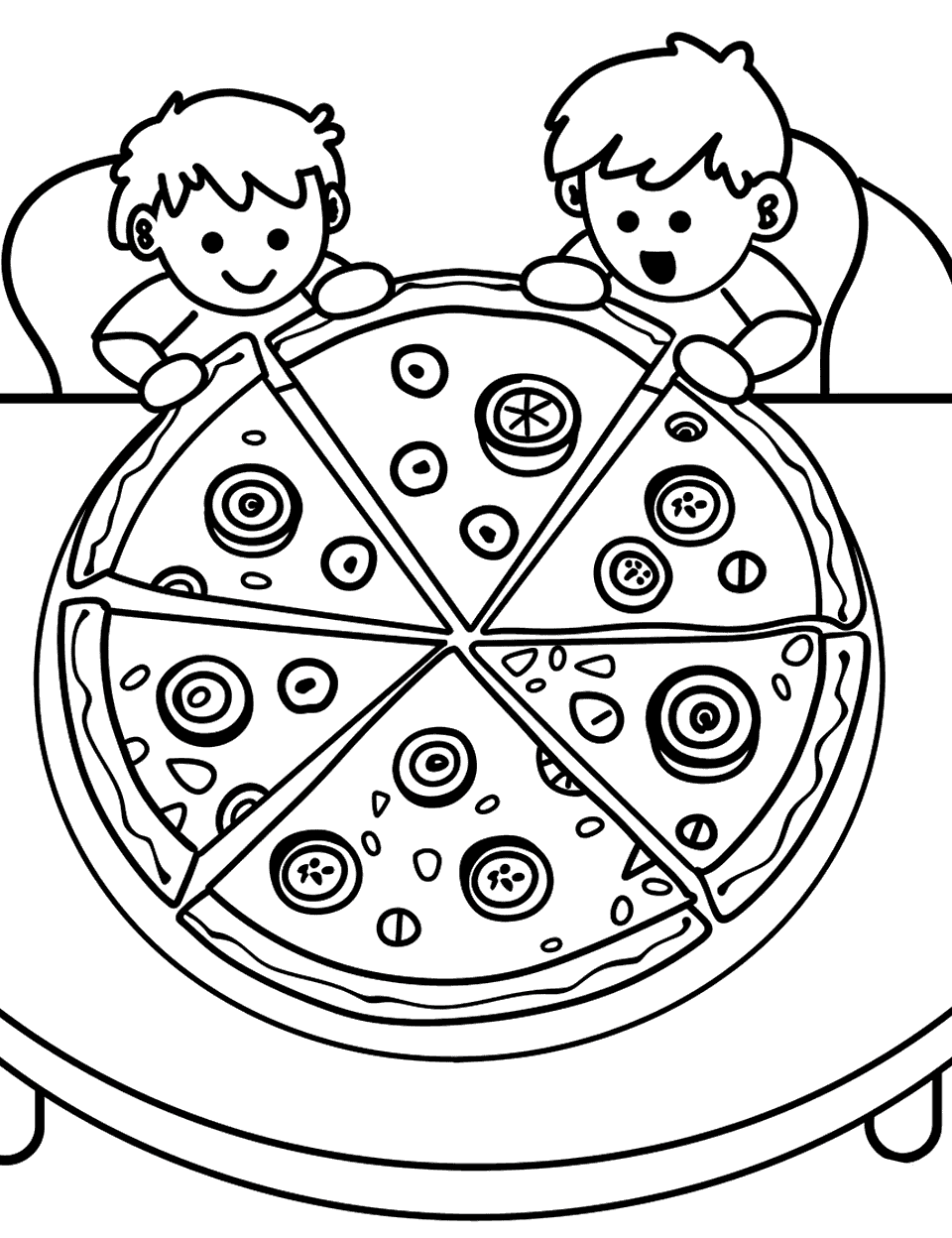 Pizza Craft Time Coloring Page - Two kids sitting around a table after crafting a huge paper pizza.