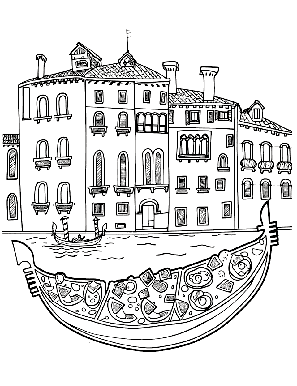 A Slice of Venice Pizza Coloring Page - A pizza slice boat with gondola-themed toppings floating in a Venice canal.