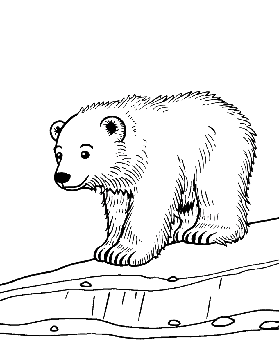 Baby Polar Bear on Ice Coloring Page - A baby polar bear sliding down a small, icy hill.