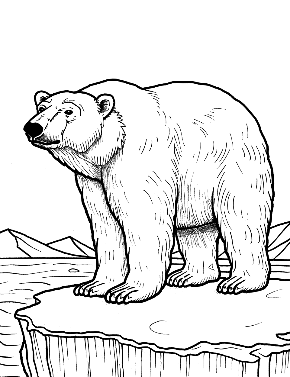 Polar Bear on a Glacier Coloring Page - A polar bear standing majestically on a glacier overlooking the ocean.