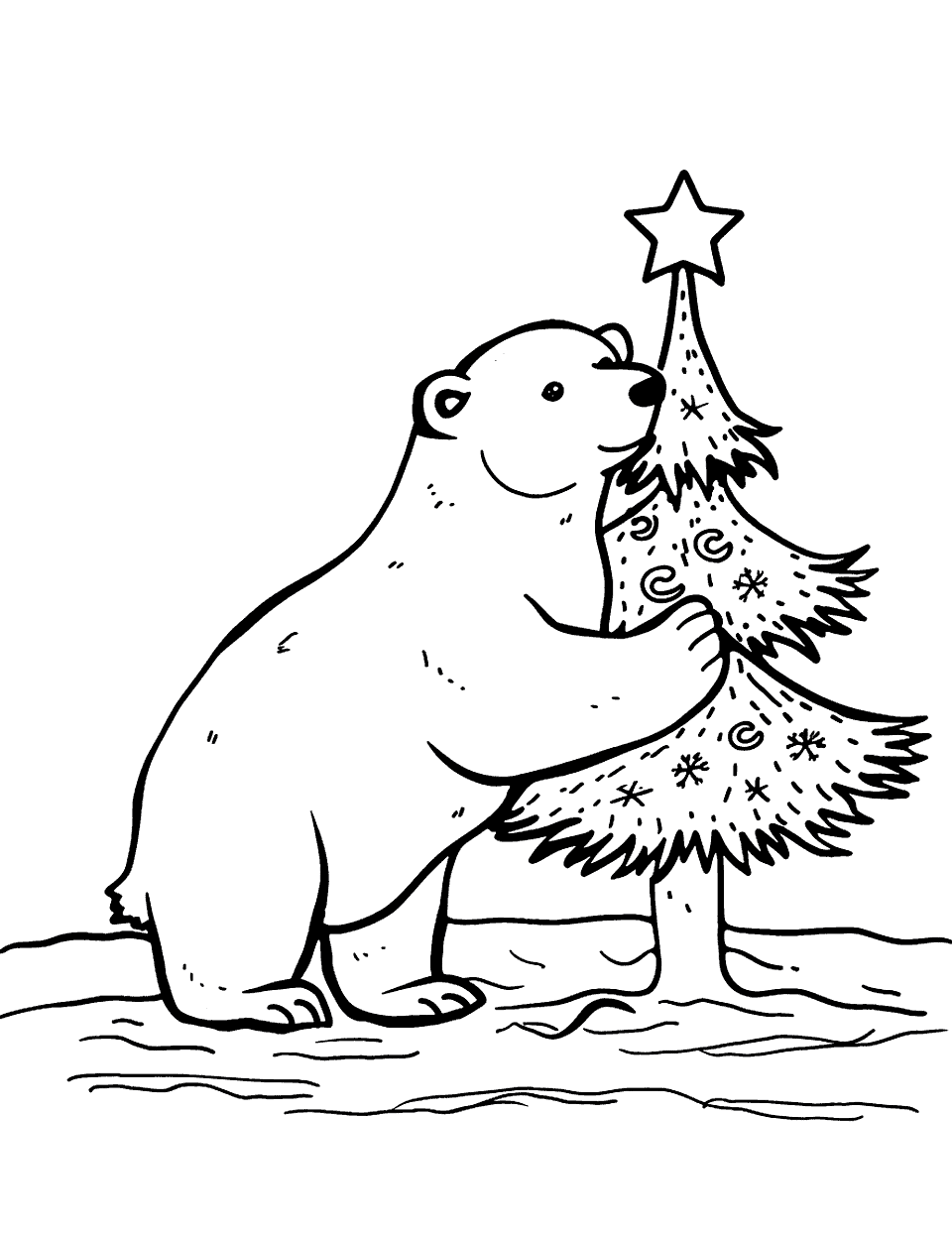 Polar Bear with Christmas Tree Coloring Page - A polar bear decorating a small Christmas tree.