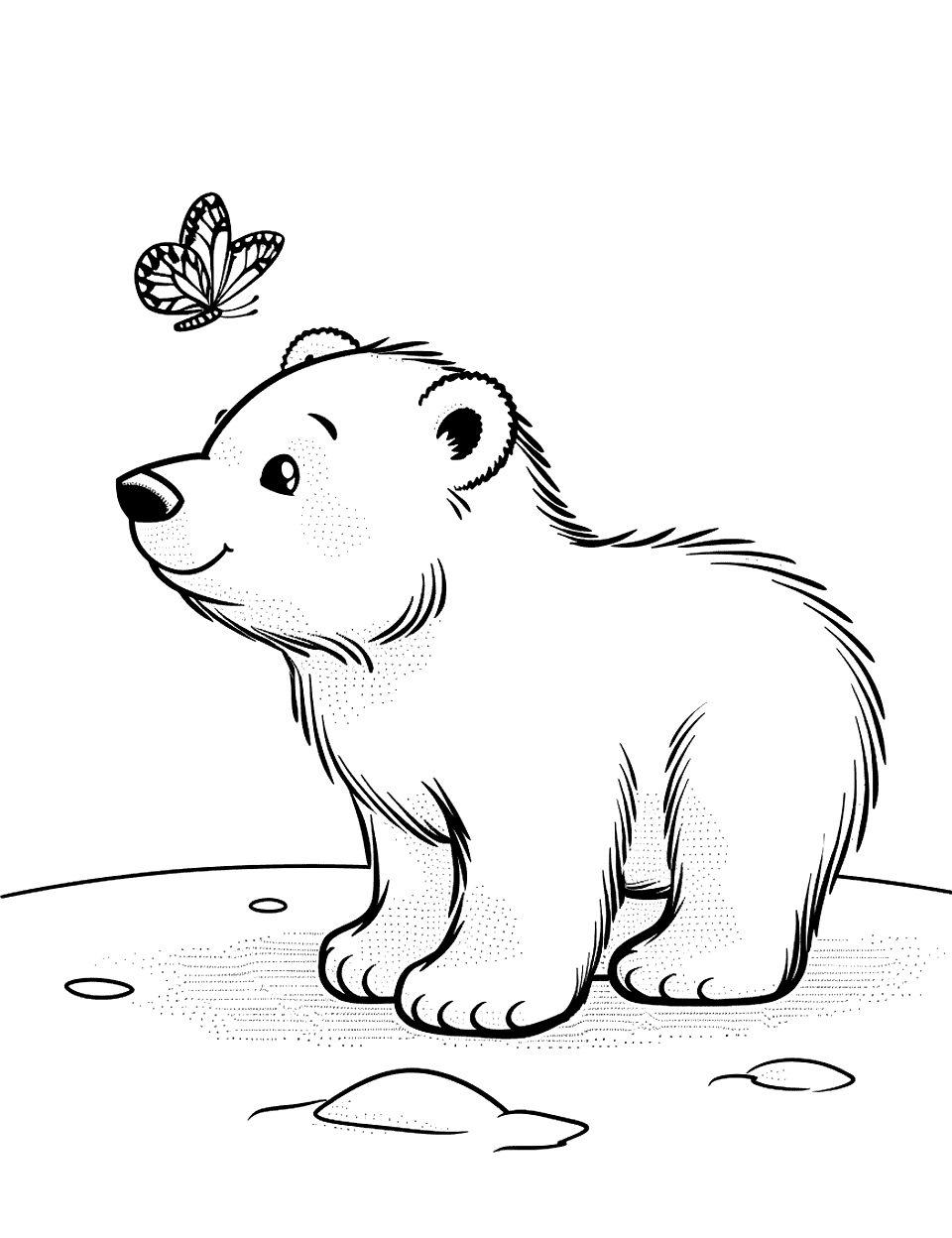 Curious Polar Bear Cub Coloring Page - A polar bear cub curiously looking at a butterfly.