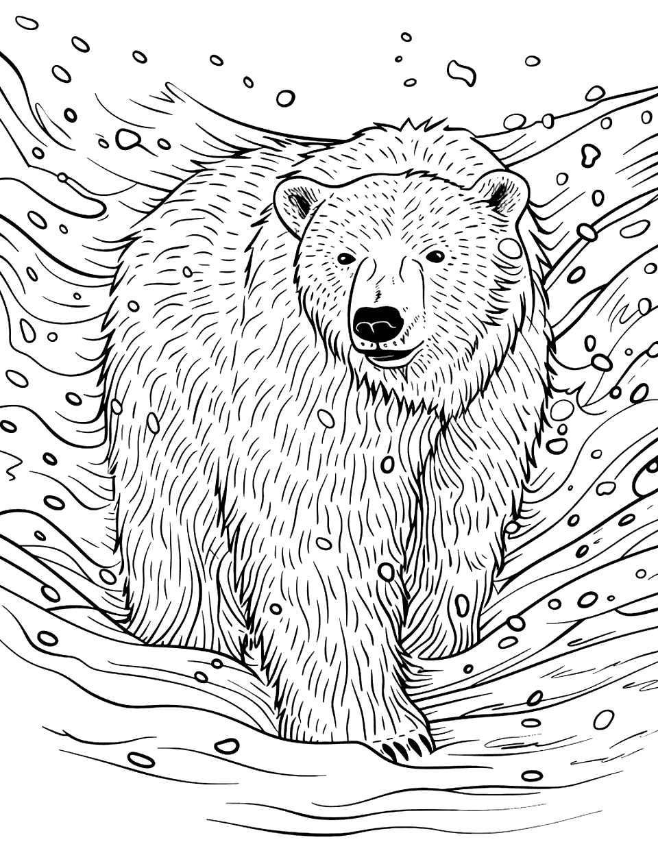 Polar Bear in a Snowstorm Coloring Page - A polar bear bracing against the wind in a blustery snowstorm.