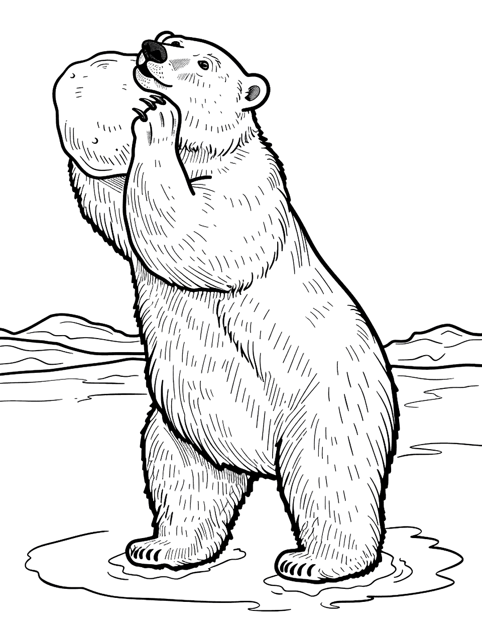 Snowball-Playing Polar Bear Coloring Page - A polar bear throwing a large snowball with its paws.