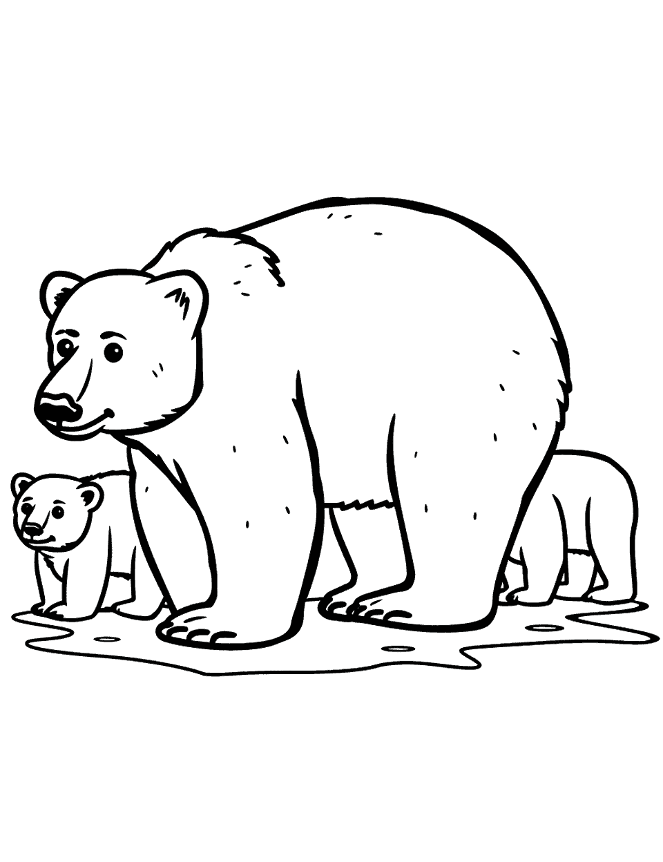 Polar Bear Family Coloring Page - A mother polar bear with two cubs walking together.