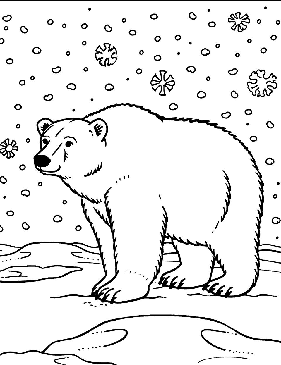 Polar Bear with Snowflakes Coloring Page - A polar bear standing as large snowflakes fall gently around it.