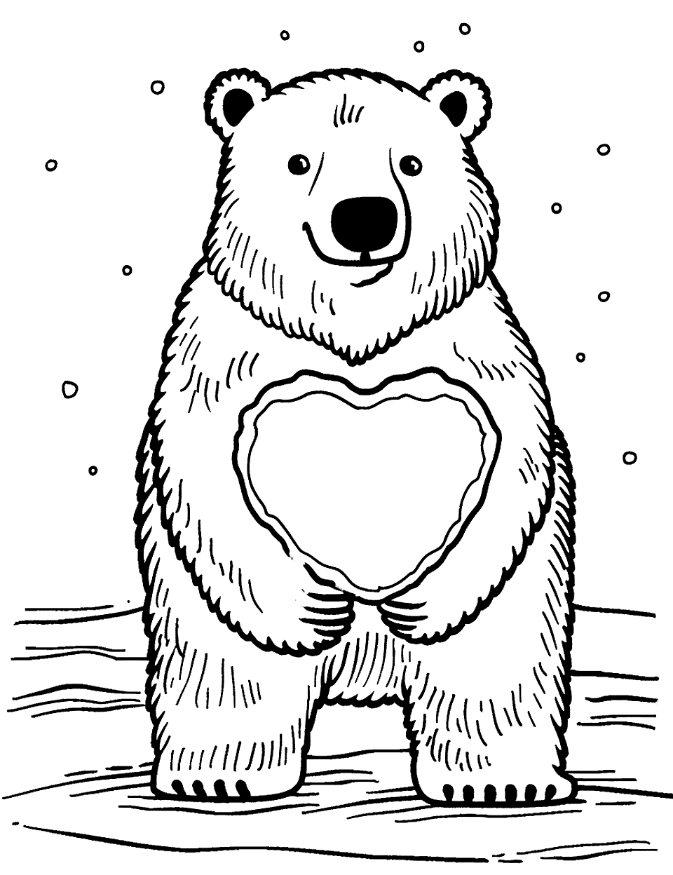 Polar Bear with Heart-Shaped Snow Coloring Page - A polar bear holding a large heart-shaped snow clump.