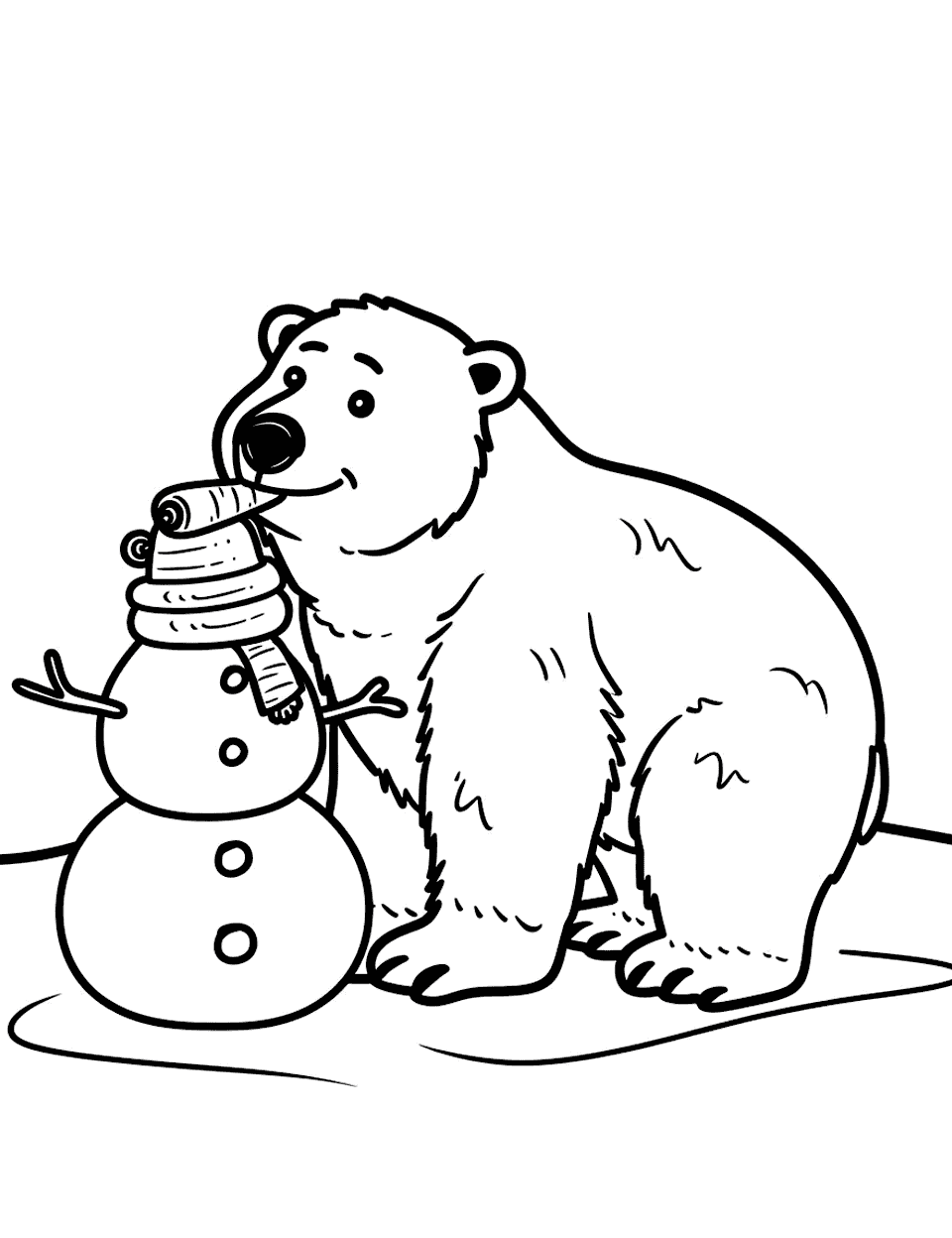 Polar Bear and Snowman Coloring Page - A polar bear building a snowman with a carrot nose.
