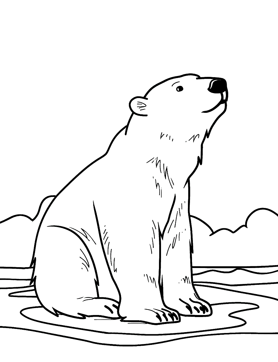 Thoughtful Polar Bear Coloring Page - A polar bear sitting and staring thoughtfully at the sky.