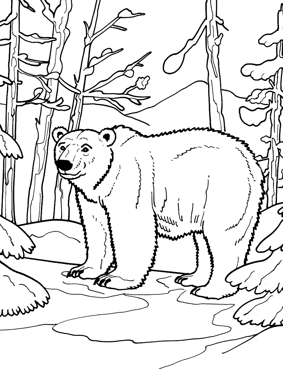 Polar Bear with Snow Covered Trees Coloring Page - A polar bear wandering through snow-covered trees.