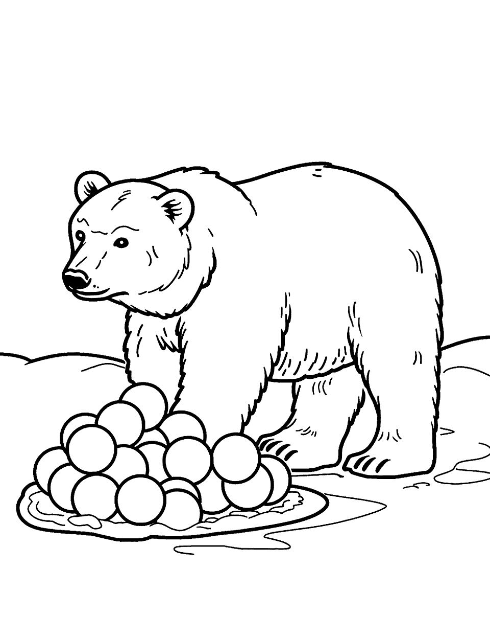 Polar Bear with Snowball Pile Coloring Page - A polar bear next to a pile of snowballs, ready for fun.