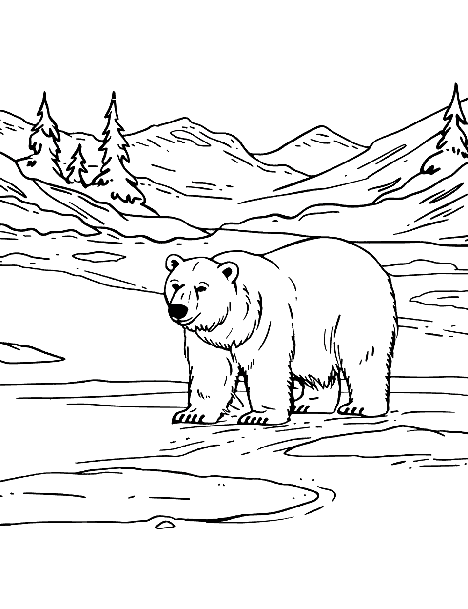Arctic Landscape with Polar Bear Coloring Page - A lone polar bear wandering across a vast, snowy tundra.
