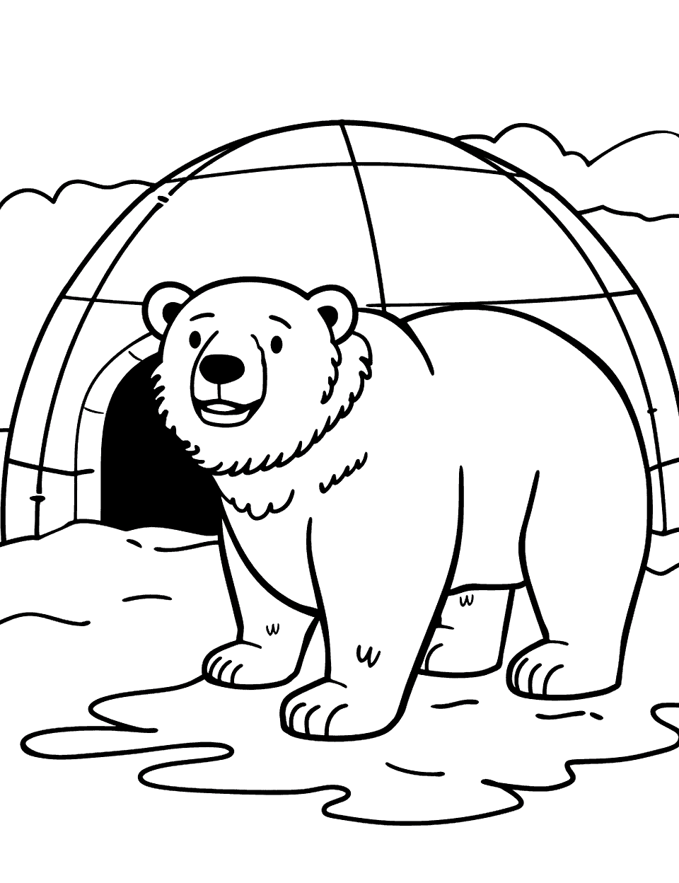 Polar Bear and Igloo Coloring Page - A polar bear curiously checking out an igloo.