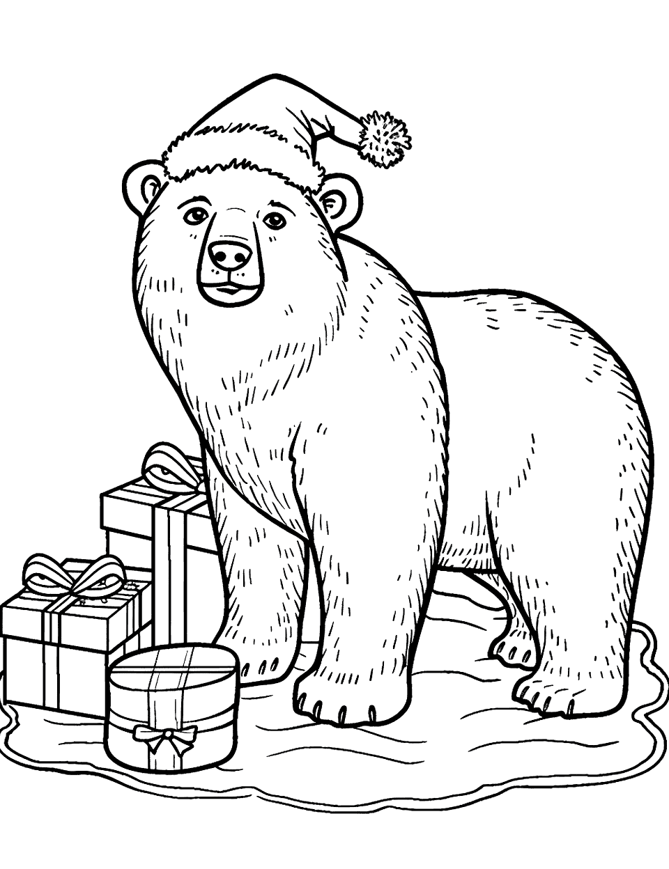 Christmas Polar Bear Coloring Page - A polar bear wearing a Santa hat, standing near a pile of presents.