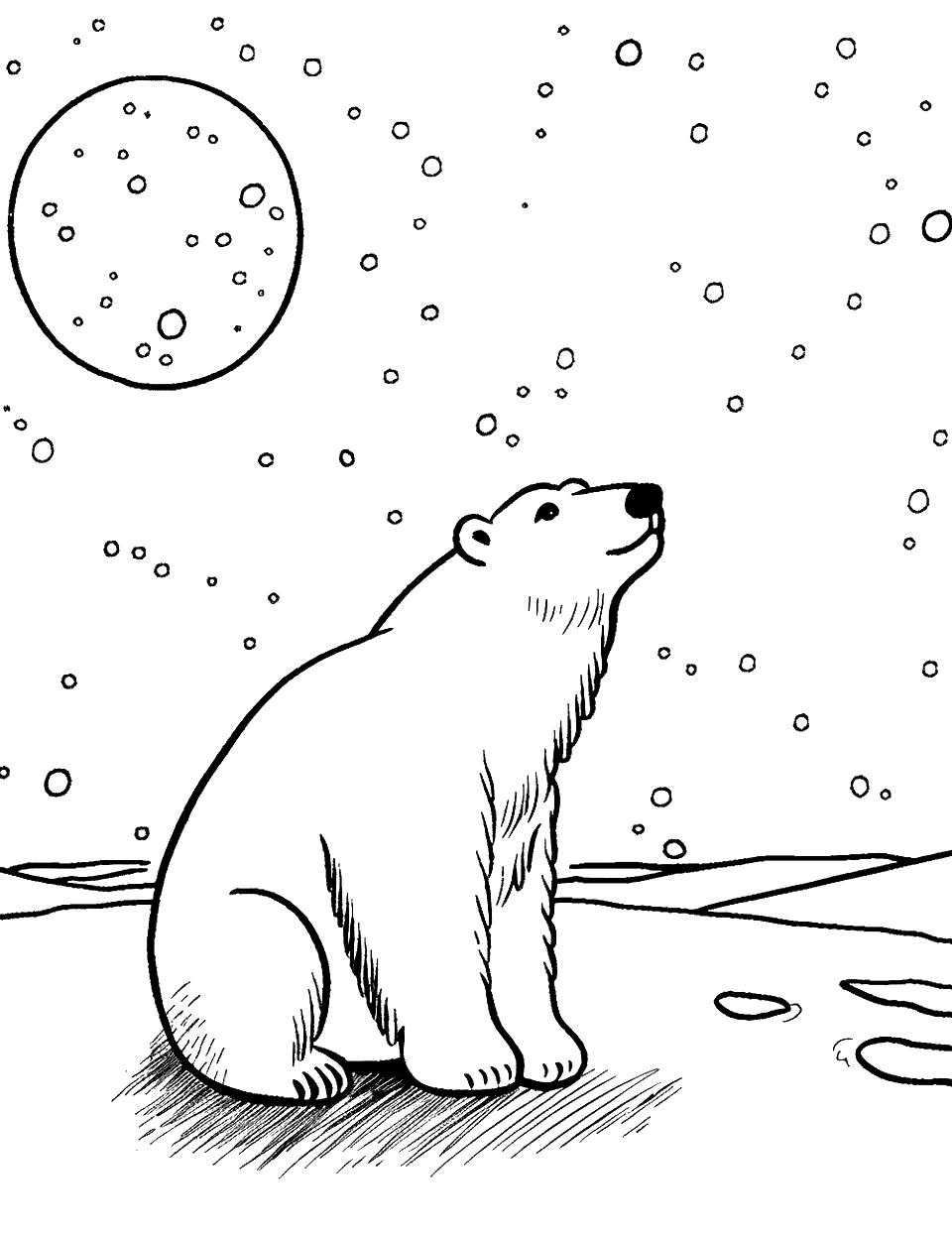Polar Bear and the Full Moon Coloring Page - A polar bear looking at a night sky with full moon and stars.