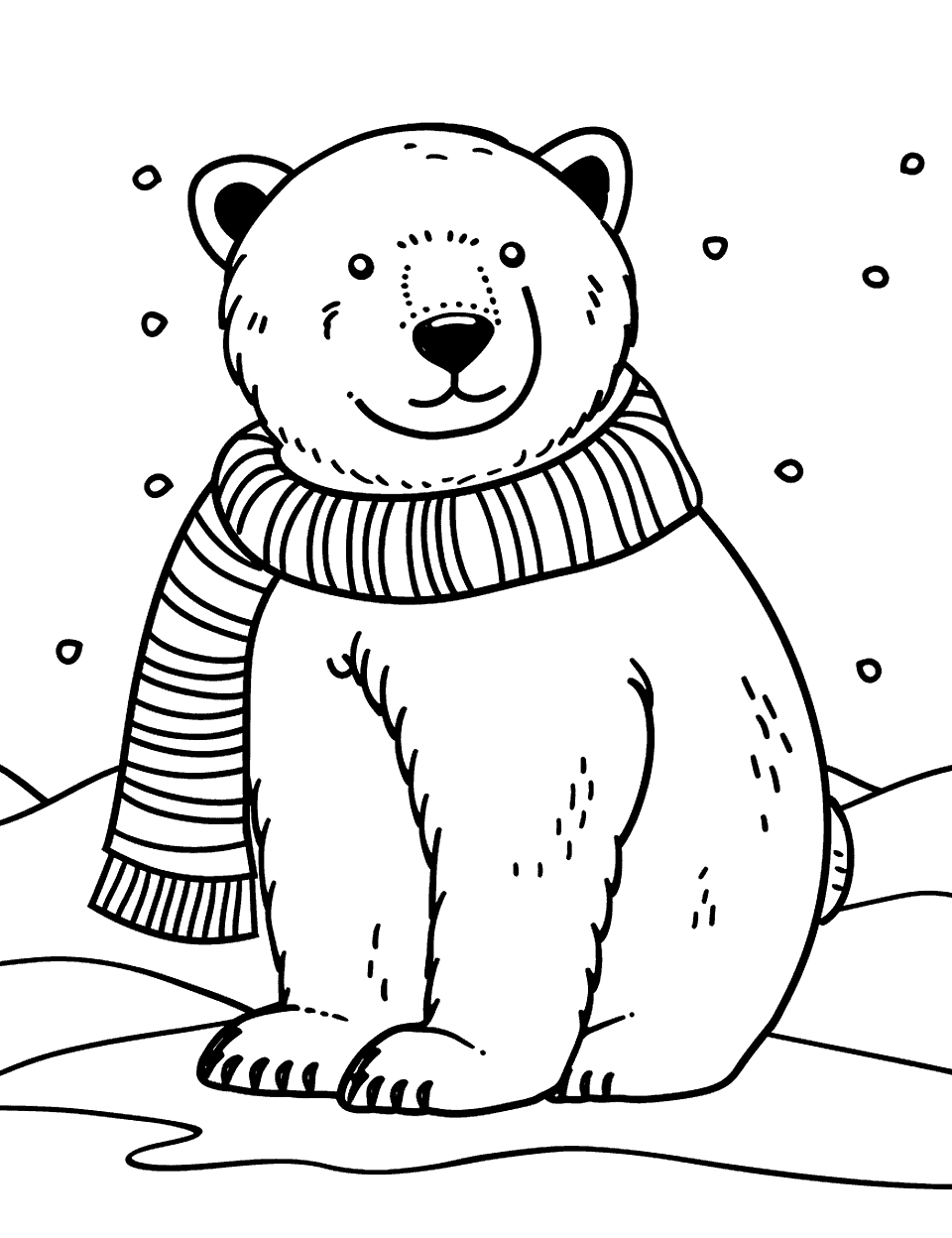 Cozy Polar Bear Coloring Page - A polar bear wrapped in a knitted scarf, looking warm.