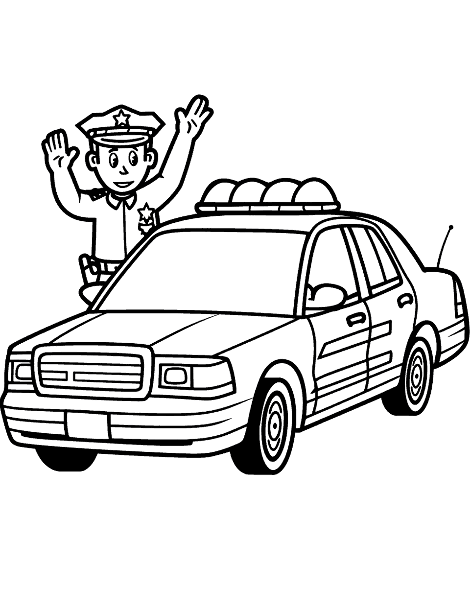 Police Officer Waving Car Coloring Page - A friendly police officer standing next to his car, waving.