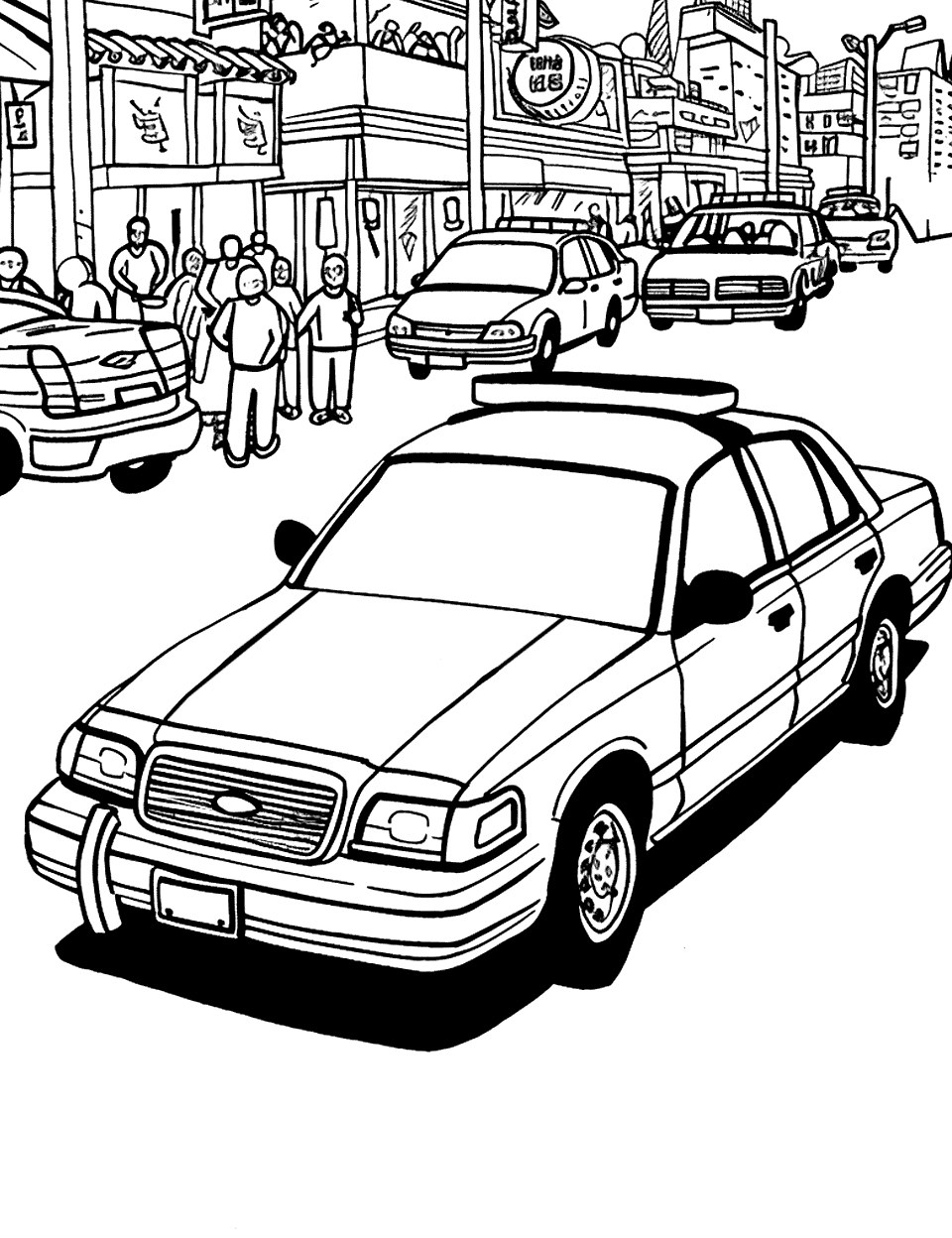 Undercover Cop Car Police Coloring Page - A nondescript police car on surveillance duty in a crowded area.