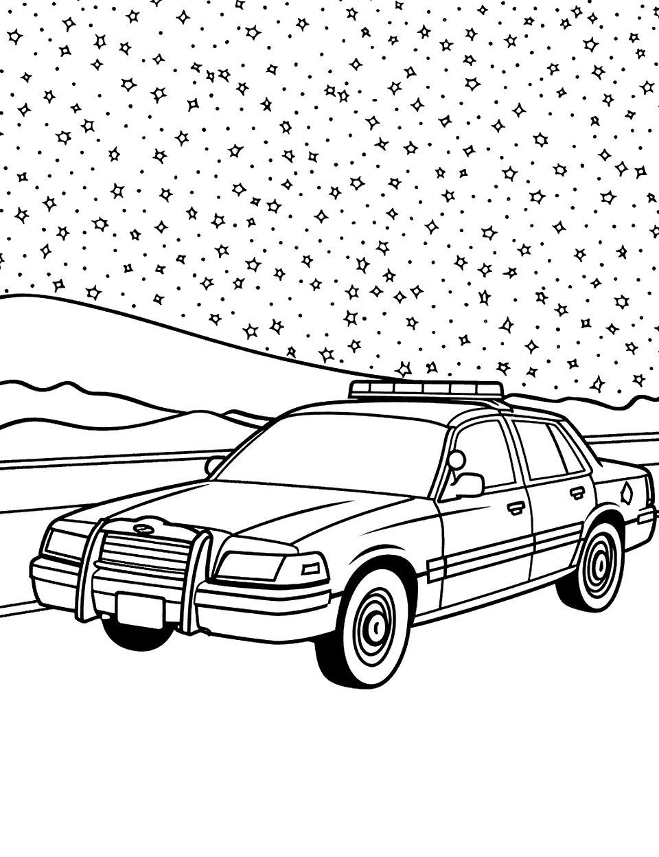 Midnight Highway Patrol Police Car Coloring Page - A police car driving on a quiet highway under a starry sky.