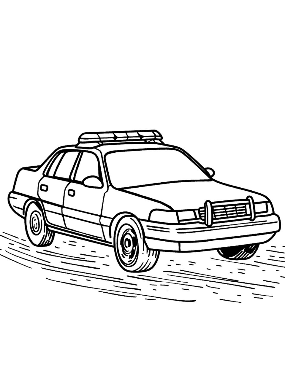 Responding to an Emergency Police Car Coloring Page - A police car speeding with sirens blaring towards an emergency scene.