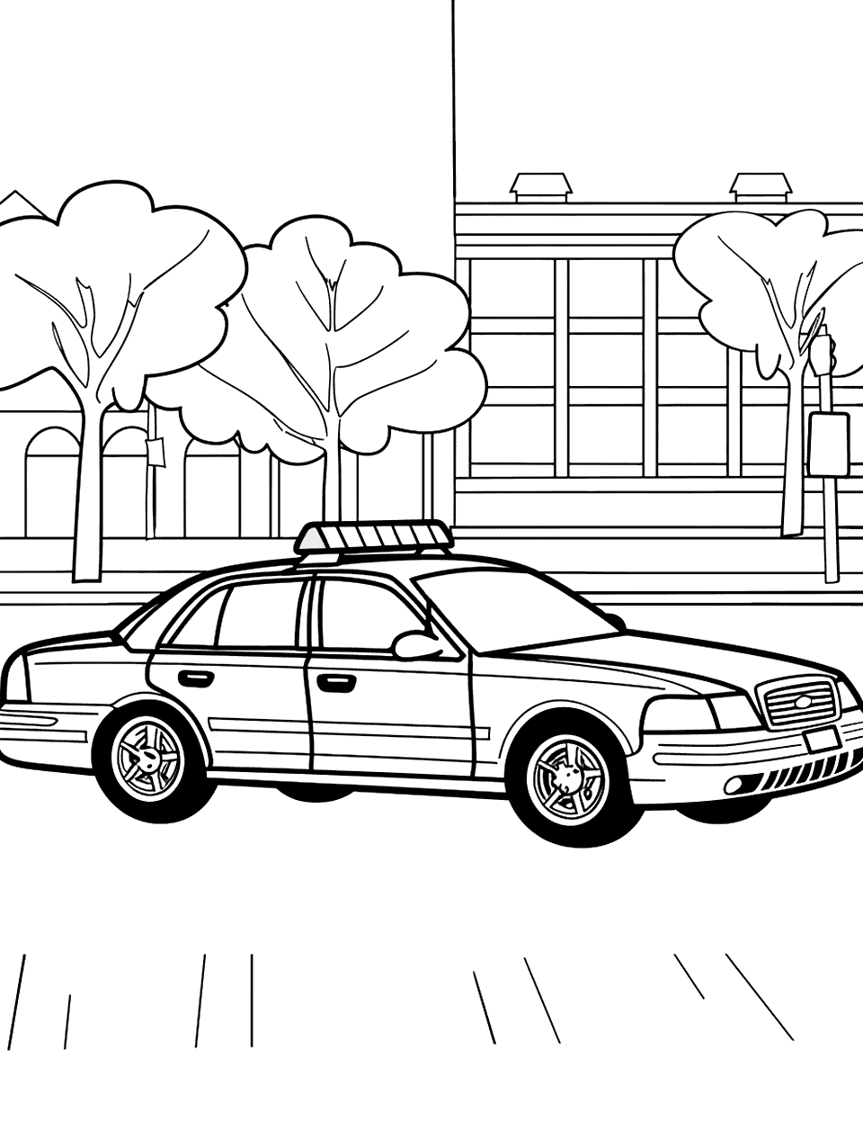 School Zone Safety Police Car Coloring Page - A police car parked near a school crossing, ensuring children’s safety.