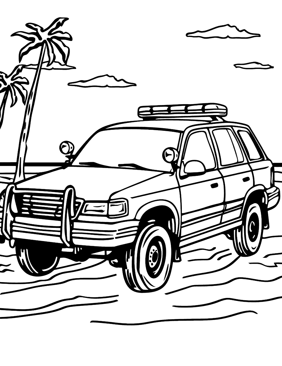 Beach Patrol Police Car Coloring Page - A police SUV patrolling a sunny beach.