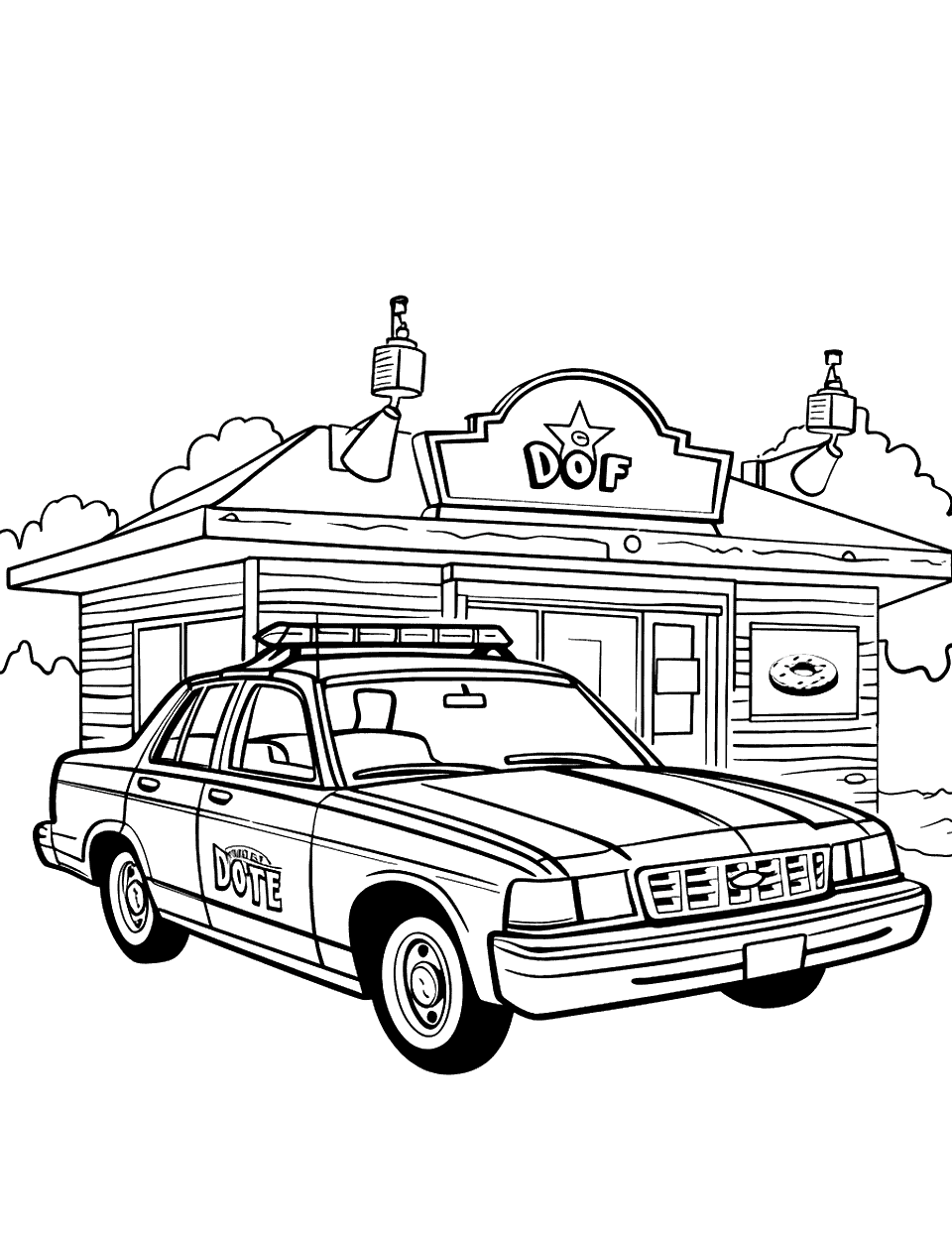 Parked at the Donut Shop Police Car Coloring Page - A humorous scene of a police car parked outside a donut shop.