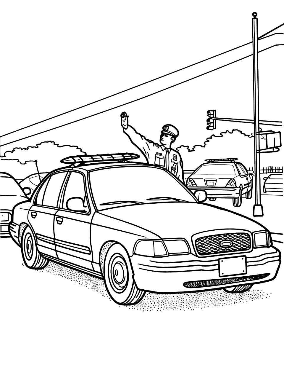 Officer Directing Evacuation Police Car Coloring Page - A police officer directing traffic during an evacuation, with his car nearby.