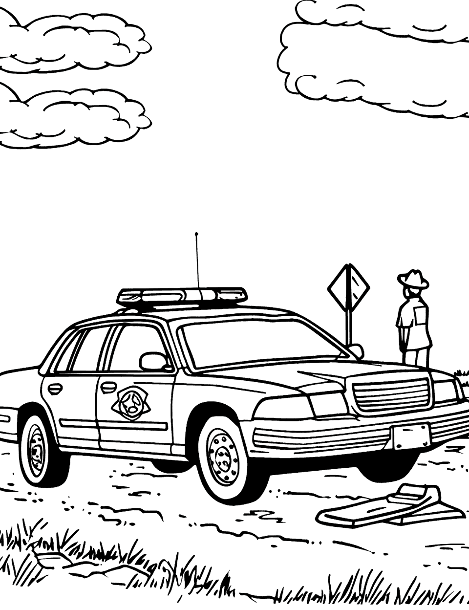Crime Scene Investigation Police Car Coloring Page - A detective examining clues near a police car at a crime scene.