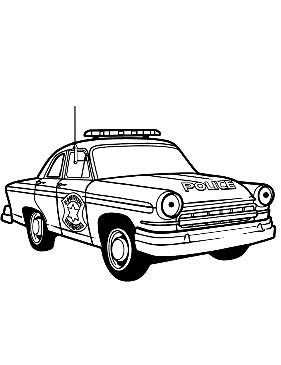 Vintage Police Car Display Coloring Page - An old-fashioned police car displayed at a local community fair.