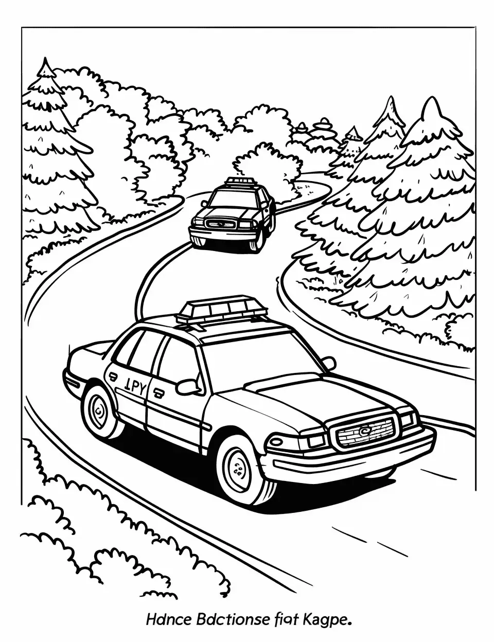 Race Car Chase Police Coloring Page - A dynamic scene with a police car chasing a stolen police car down a winding road.