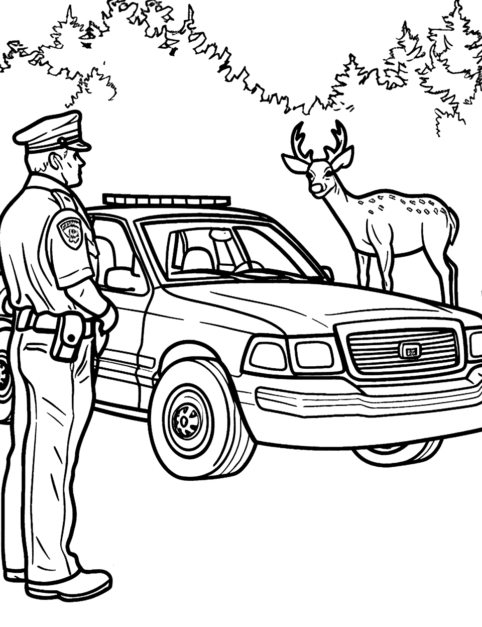 Wildlife Officer at Work Police Car Coloring Page - A police officer in a rural area near a deer, with his vehicle in the middle.