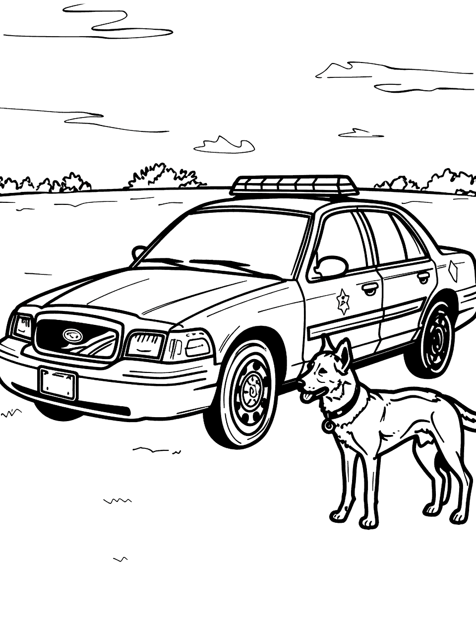 K-9 Unit in Training Police Car Coloring Page - A police dog beside their patrol car in a field.