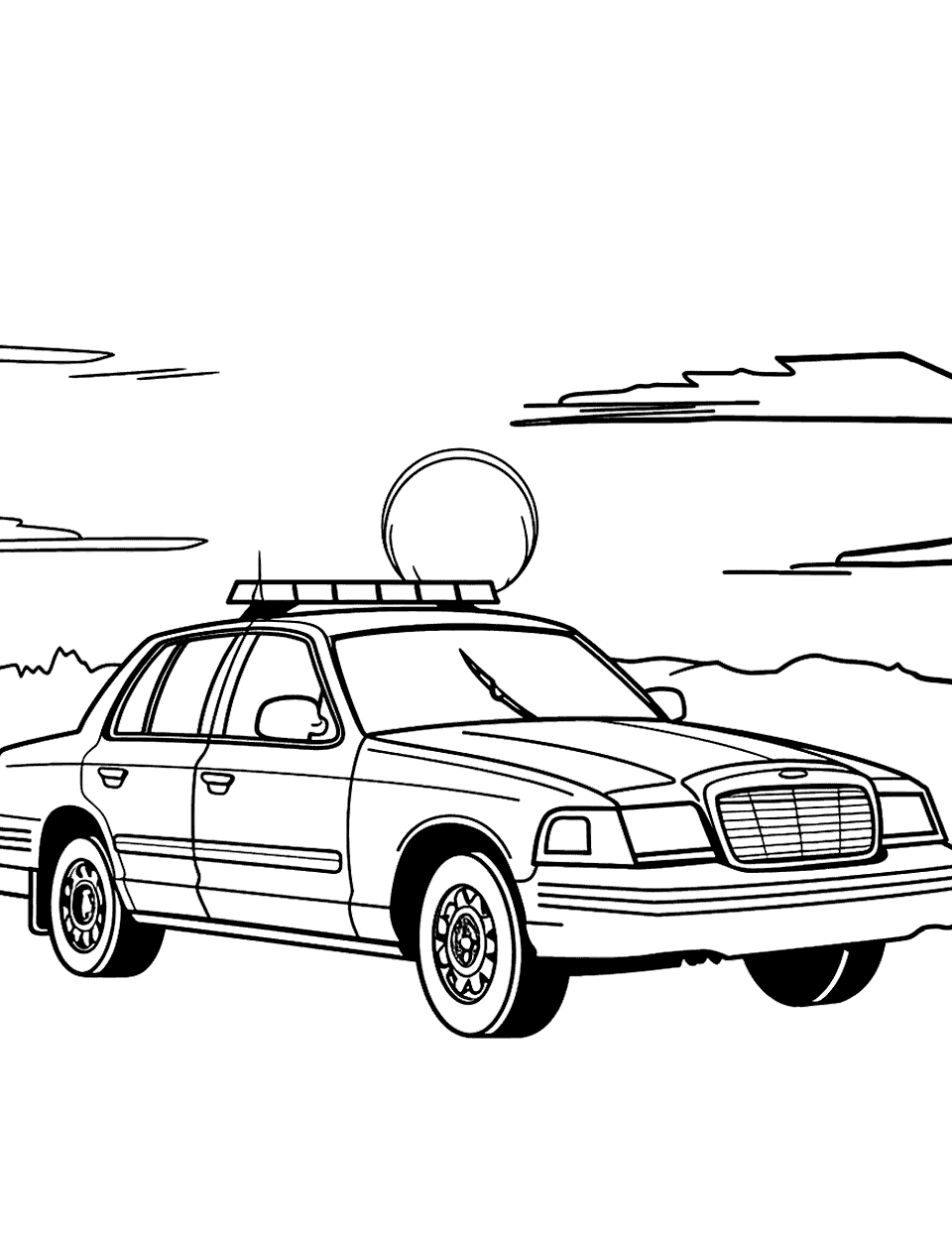 Police Car at Sunset Coloring Page - A serene scene of a police car parked as the sun sets in the background.