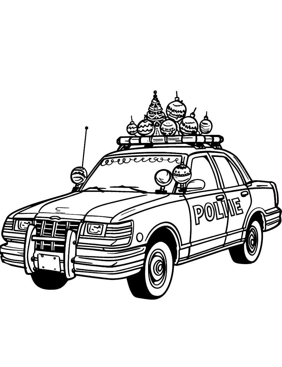 Police Car in a Holiday Coloring Page - A police car decorated with festive lights and ornaments on holiday.