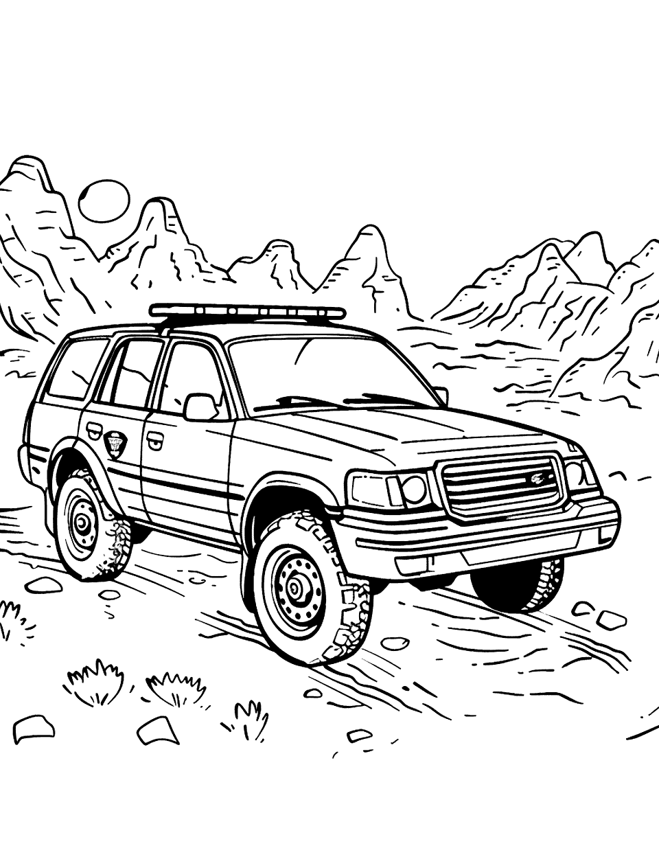 Off-Road Police Adventure Car Coloring Page - A police SUV driving through rough terrain to reach a remote area.