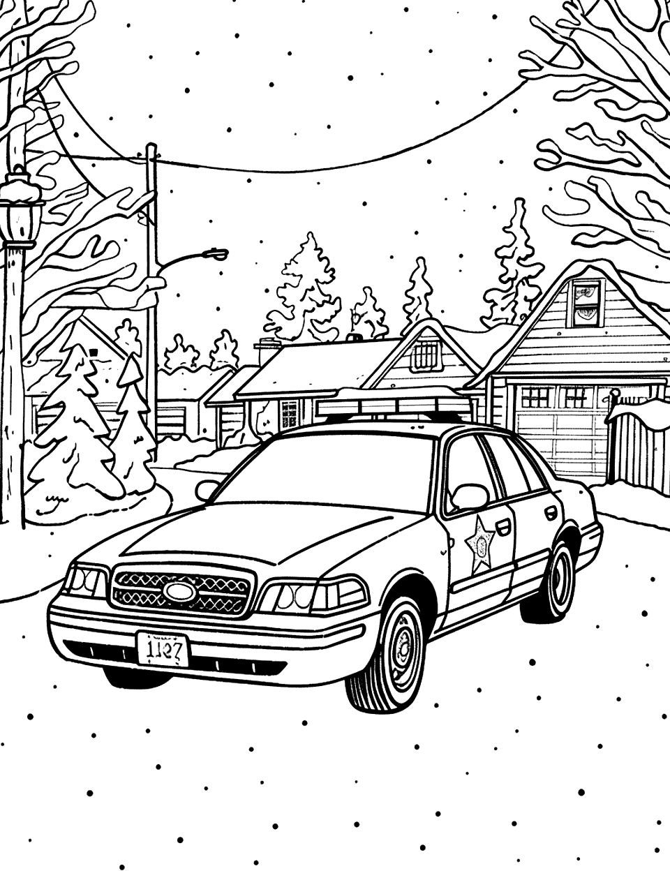 Morning Patrol in the Snow Police Car Coloring Page - A police car slowly patrols a snow-covered neighborhood.