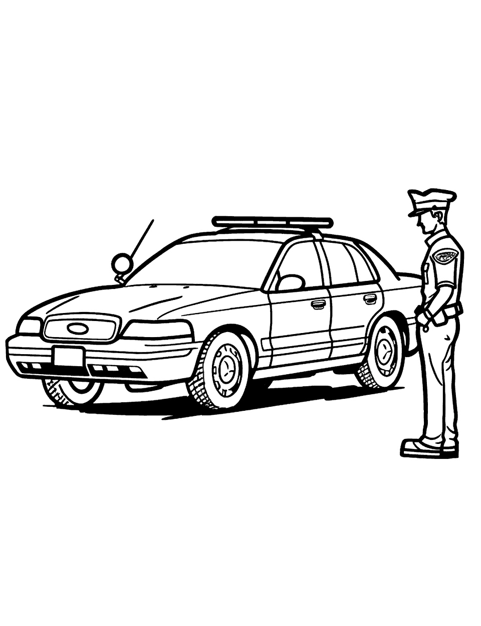 Car Inspection Police Coloring Page - A police car parked as an officer inspecting it before taking it out for duty.