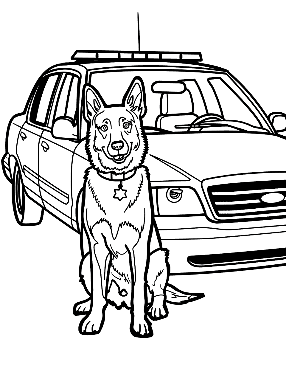Police Dog on Duty Car Coloring Page - A police dog sitting alert near a patrol car.