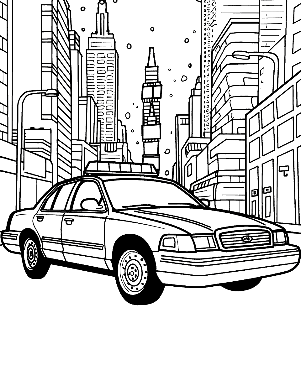 Police Patrol Car Coloring Page - A police car driving through a city on its patrol route for routine runs.