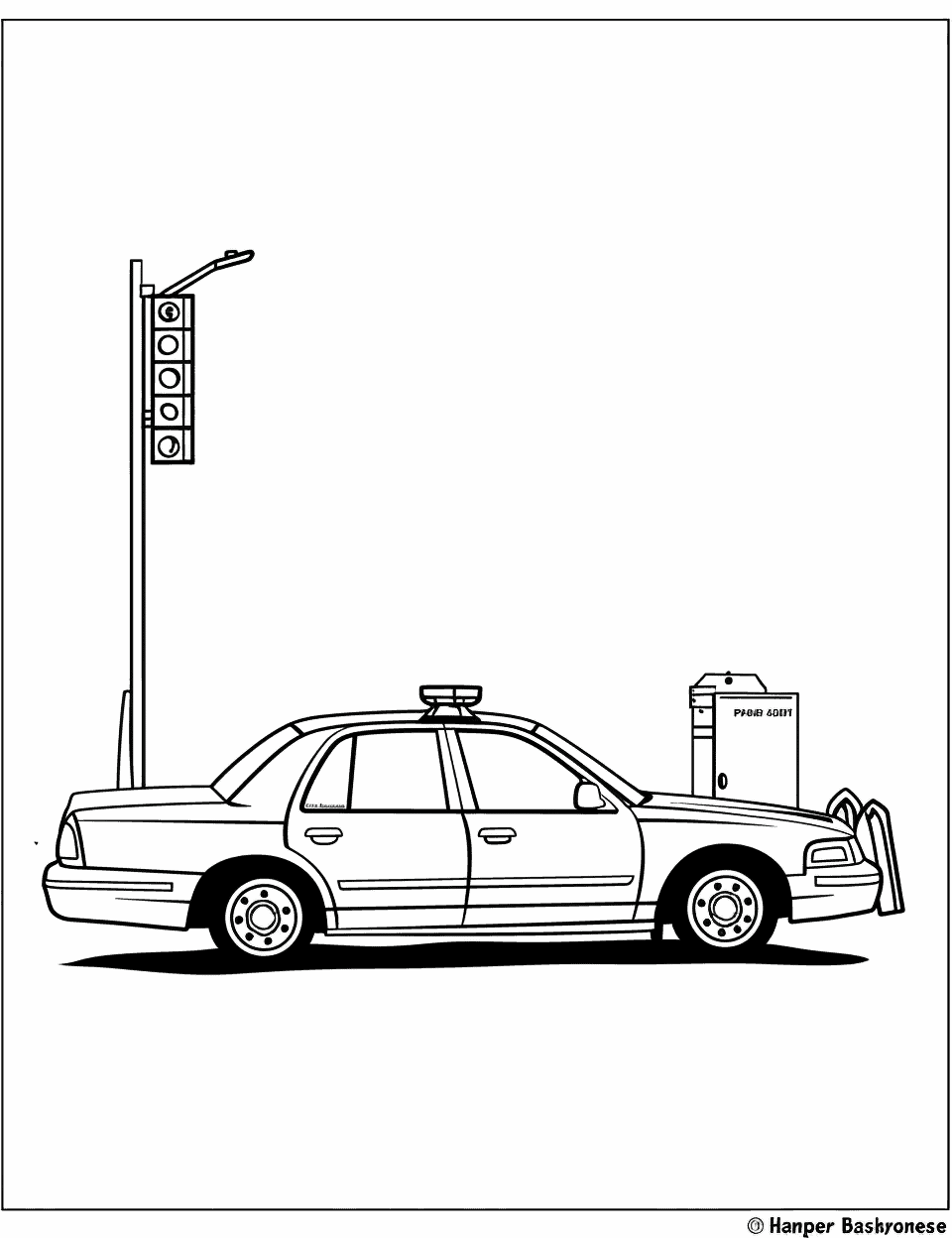 Check Post Operation Police Car Coloring Page - A police car parked at a check post.
