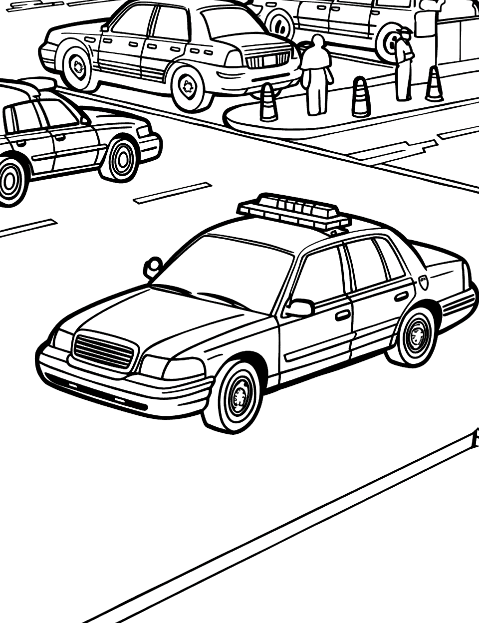 Busy Traffic Stop Police Car Coloring Page - A police car passing through a busy intersection.