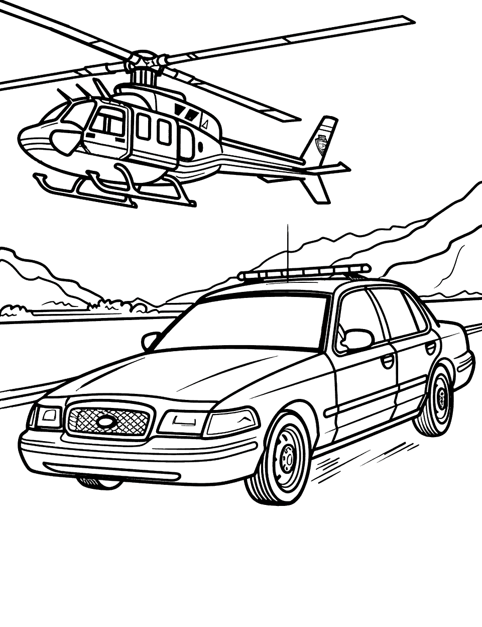 Police Helicopter in Flight Car Coloring Page - A police helicopter flying above a police car patrolling a coastal road.