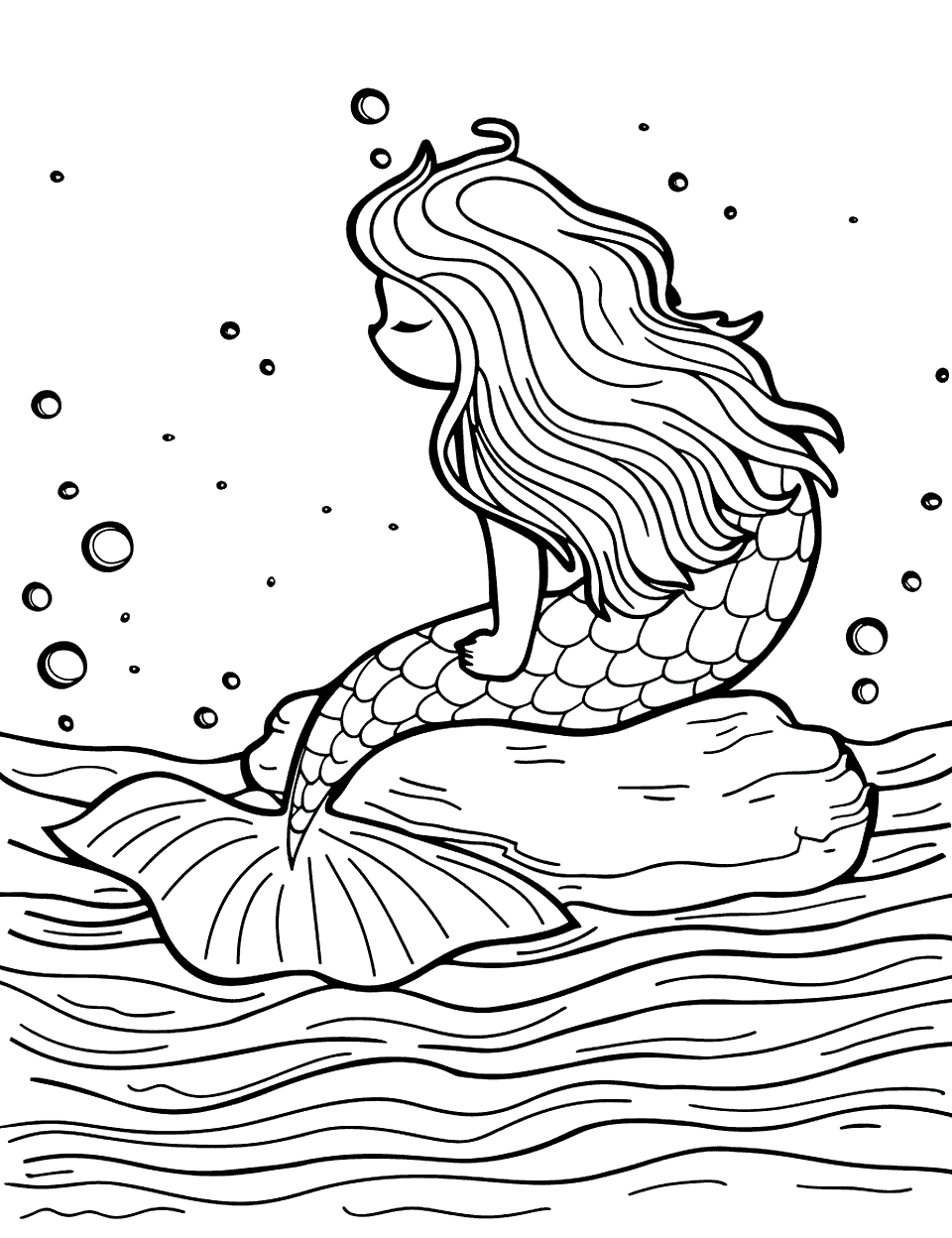 Mermaid Resting on a Rock Sea Creature Coloring Page - A mermaid sits peacefully on a rock, her tail curled up beside her, surrounded by gentle waves.
