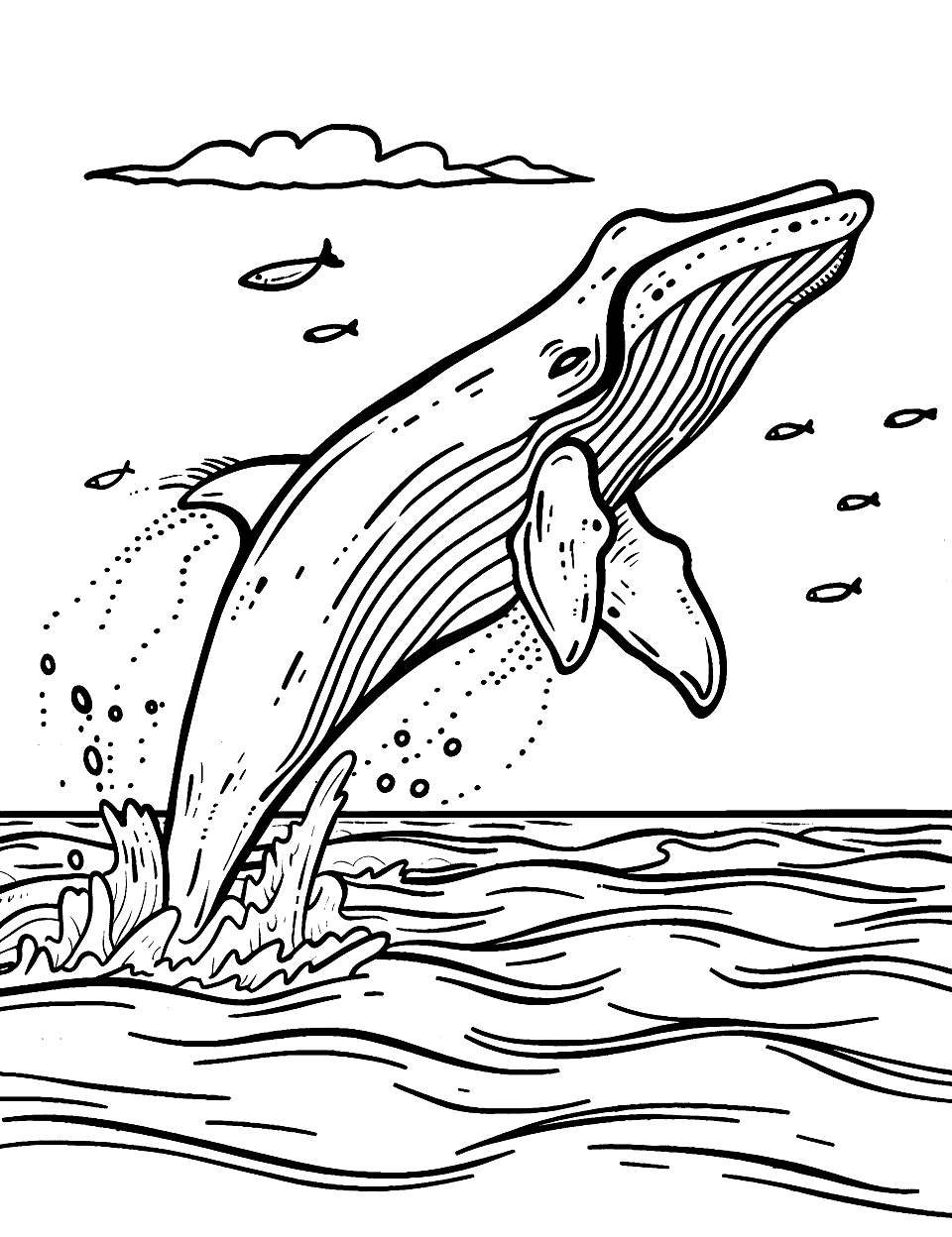 Whale Breaching in Open Ocean Sea Creature Coloring Page - A majestic whale leaps out of the water in the vast open ocean.