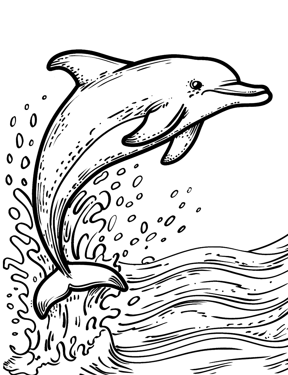 Dolphin Leaping in the Waves Sea Creature Coloring Page - A playful dolphin jumps out of the ocean waves, splashing back down.